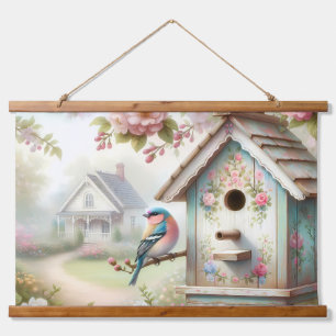 Voorjaarsvogelhuisje met pastelbloemen en vogel hangend wandkleed