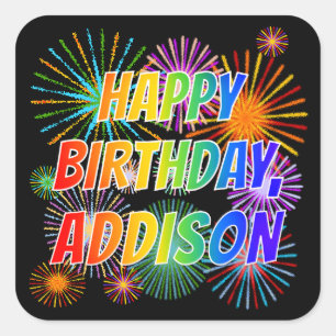 Voornaam "ADDISON", geun "HAPPY BIRTHDAY" Vierkante Sticker