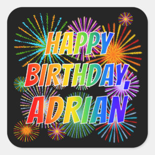 Voornaam "ADRIAN", vun "HAPPY BIRTHDAY" Vierkante Sticker