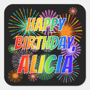 Voornaam "ALICIA", geun "HAPPY BIRTHDAY" Vierkante Sticker