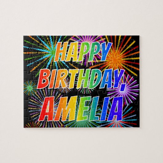 Voornaam "AMELIA", geun "HAPPY BIRTHDAY" Legpuzzel (Horizontaal)