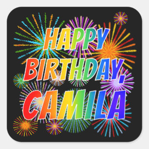 Voornaam "CAMILA", geun "HAPPY BIRTHDAY" Vierkante Sticker