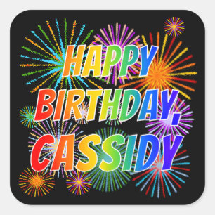 Voornaam "CASSIDY", geun "HAPPY BIRTHDAY" Vierkante Sticker