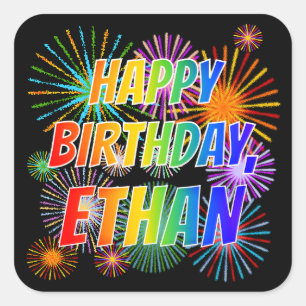 Voornaam "ETHAN", geun "HAPPY BIRTHDAY" Vierkante Sticker