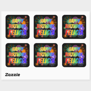 Voornaam "FELICIA", woordvoerder "HAPPY BIRTHDAY" Vierkante Sticker