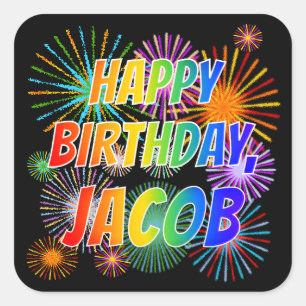 Voornaam "JACOB", geun "HAPPY BIRTHDAY" Vierkante Sticker