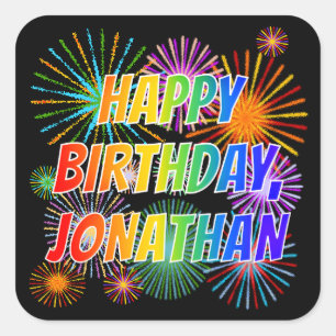 Voornaam "JONATHAN", geun "HAPPY BIRTHDAY" Vierkante Sticker