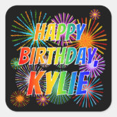 Voornaam "KYLIE", geun "HAPPY BIRTHDAY" Vierkante Sticker (Voorkant)