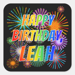 Voornaam "LEAH", geun "HAPPY BIRTHDAY" Vierkante Sticker