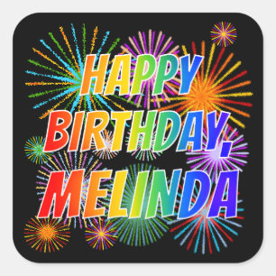 Voornaam "MELINDA", geun "HAPPY BIRTHDAY" Vierkante Sticker