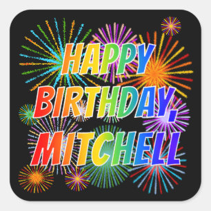 Voornaam "MITCHELL", geun "HAPPY BIRTHDAY" Vierkante Sticker