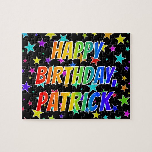 Voornaam "PATRICK", geun "HAPPY BIRTHDAY" Legpuzzel (Horizontaal)