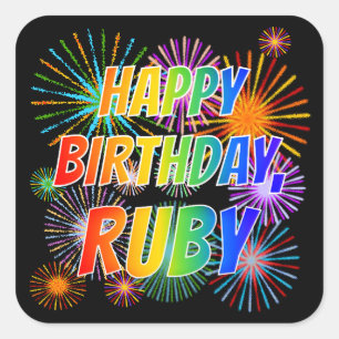 Voornaam "RUBY", Fun "HAPPY BIRTHDAY" Vierkante Sticker