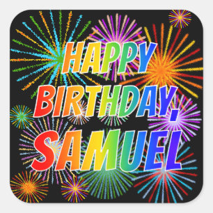 Voornaam "SAMUEL", vun "HAPPY BIRTHDAY" Vierkante Sticker