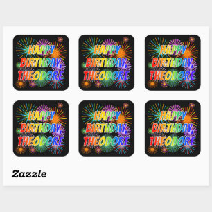 Voornaam "THEODORE", geun "HAPPY BIRTHDAY" Vierkante Sticker