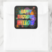 Voornaam "WILLOW", geun "HAPPY BIRTHDAY" Vierkante Sticker (Tas)