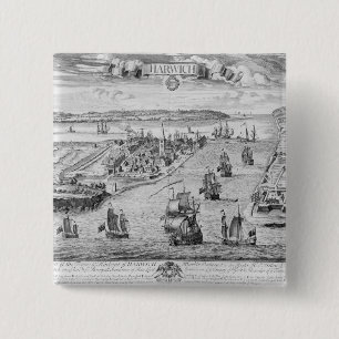 Vooruitzichten van de Towne en de Harbour van Harw Vierkante Button 5,1 Cm