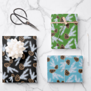 Vorstige Dennenappel Groene Kerstpatroon Inpakpapier Vel