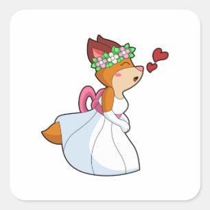 Vos als bruid met trouwjurk & bloemenkrans vierkante sticker
