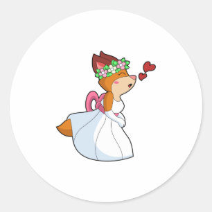 Vos als bruid met trouwjurk & bloemstuk ronde sticker