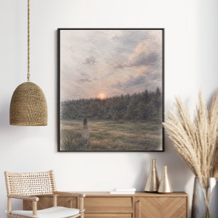 Vos bij zonsondergang Weiland Bos Natuur Kunst Poster