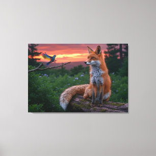 Vos en Vogel bij Zonsondergang – Rustige Woud Canvas Afdruk