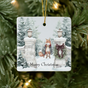 Vos Groene Jas Sneeuw Kerstmis Keramisch Ornament