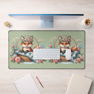 Vos in mand met quilt en bloemen bureaumat