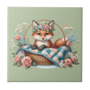 Vos in mand met quilt en bloemen tegeltje