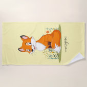 Vos met bloemen, kindernaam op Bord geel Strandlaken (Voorkant)