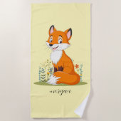 Vos met bloemen, kindernaam op Bord geel Strandlaken (Voorkant)