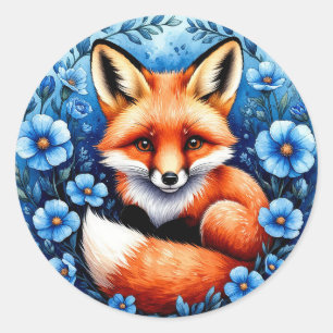 Vos omringd door blauwe bloemen ronde sticker