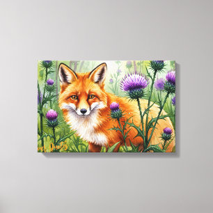 Vos Tussen Paarse Distelbloemen Aquarel Canvas Afdruk