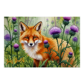 Vos Tussen Paarse Distelbloemen Aquarel Perfect Poster