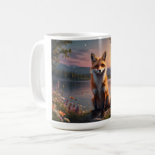 Vos zit bij het meer in de zonsondergang. koffiemok