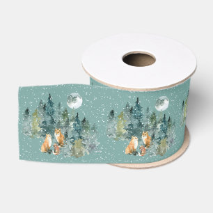 Vosfamilie in bos onder volle maan sneeuwval Kerst Grosgrain Lint
