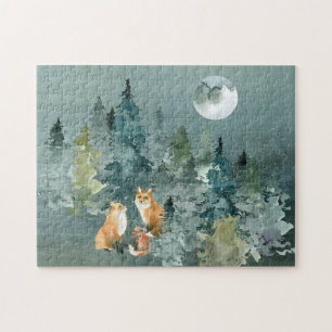Vosfamilie in bos volle maan aquarel legpuzzel