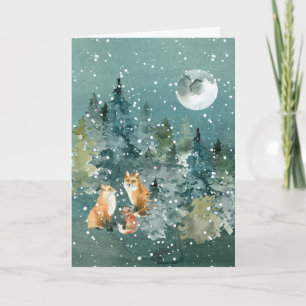 Vosfamilie in bos volle maan sneeuwval aquarel feestdagen kaart