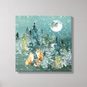 Vosfamilie in bos volle maan sneeuwval canvas afdruk