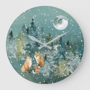 Vosfamilie in bos volle maan sneeuwval grote klok