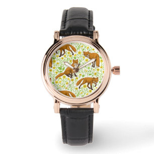 Vossen en boterbloemen op natuurlijk wit horloge