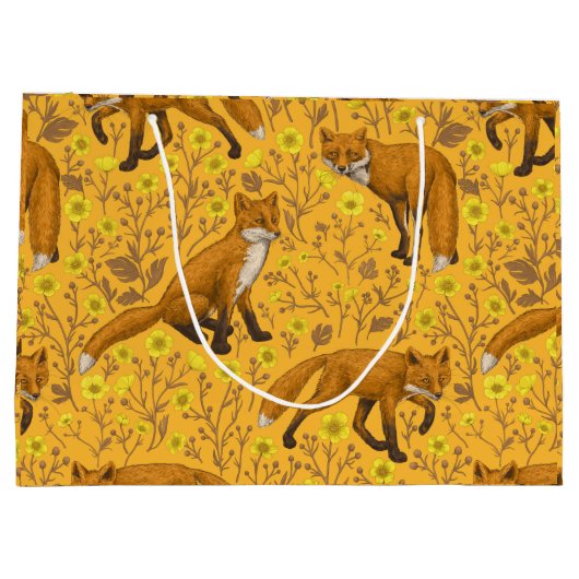 Vossen en boterbloemen op sinaasappel groot cadeauzakje (Achterkant)