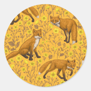 Vossen en boterbloemen op sinaasappel ronde sticker
