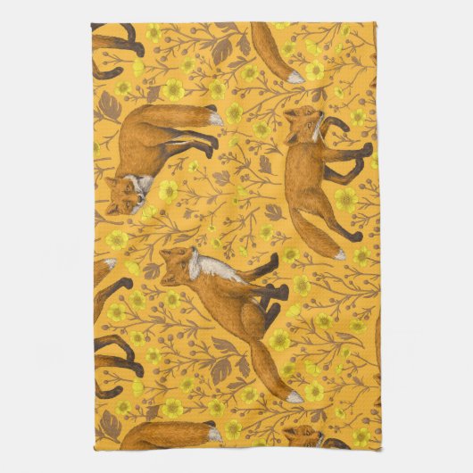 Vossen en boterbloemen op sinaasappel theedoek (Verticaal)