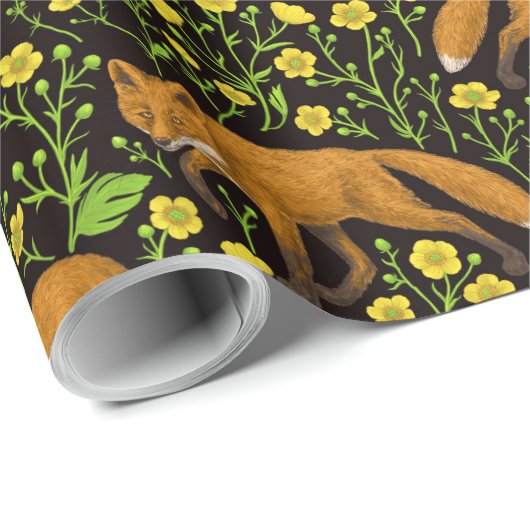 Vossen en boterbloemen op zwart cadeaupapier (Rol Hoek)