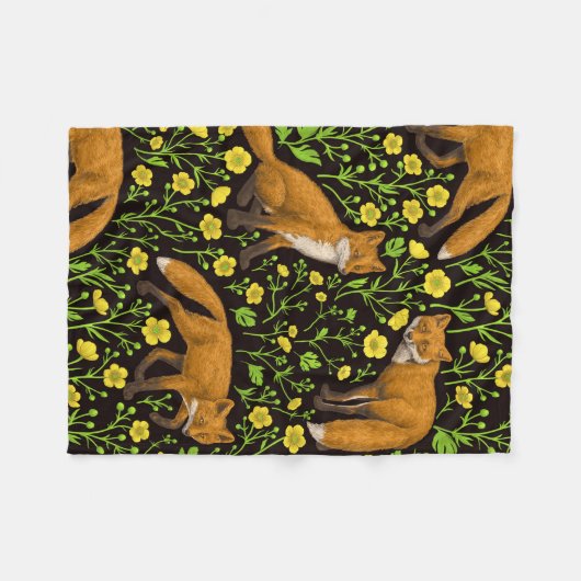 Vossen en boterbloemen op zwart fleece deken (Voorkant (Horizontaal))