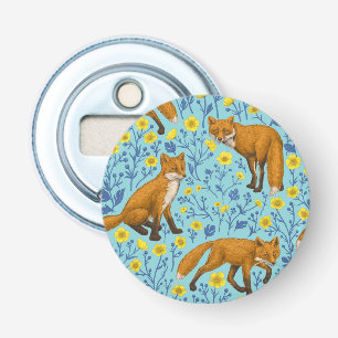 Vossen en boterbloemen op zwembad blauw button flesopener
