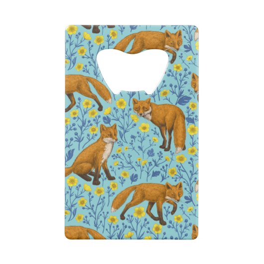 Vossen en boterbloemen op zwembad blauw kredietkaart flessenopener (Achterkant)