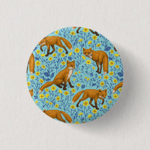 Vossen en boterbloemen op zwembad blauw ronde button 3,2 cm