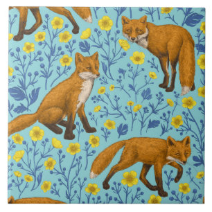 Vossen en boterbloemen op zwembad blauw tegeltje